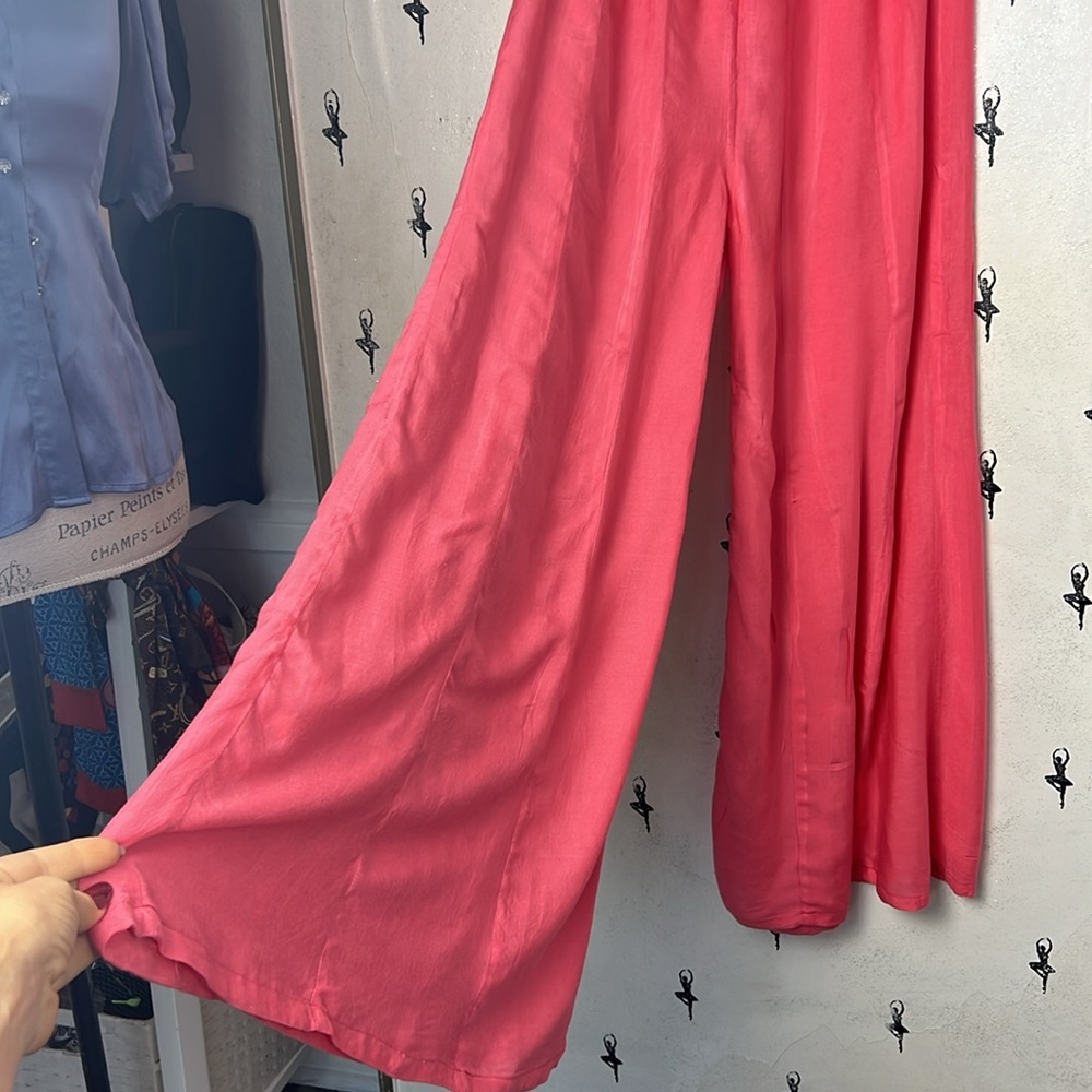 Wide leg pants pink high rise adjustable waist palazzo lightweight full length - Picture 4 of 13